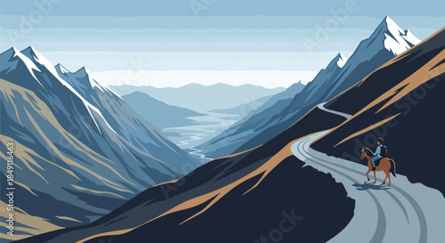 Illustration of a person riding a horse on a winding mountain road with snow-capped peaks in the background under a clear blue sky.