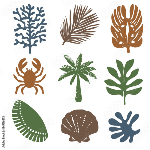 Hand Drawn Silhouette Tropical Sea Nature Element Collection.Vector Illustration