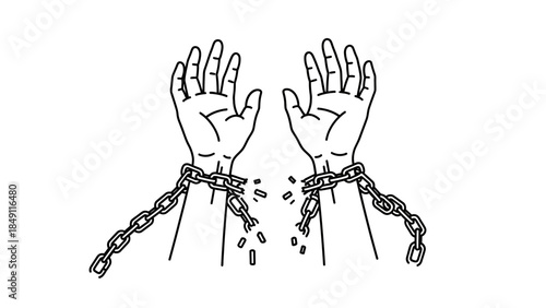 Illustration of hands breaking free from chains, symbolizing freedom, liberation, and overcoming obstacles.