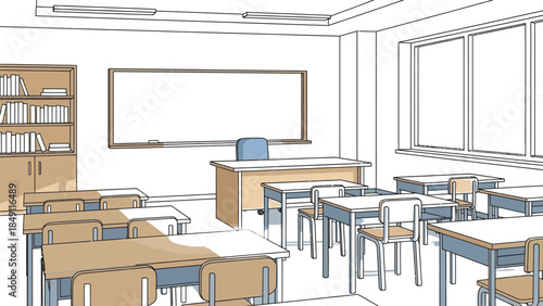 Empty anime style classroom interior with student desks facing a large whiteboard and bright sunlit windows