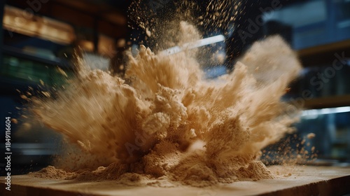 A culinary explosion of flour inside a bustling kitchen when a chef accidentally slams a container, white powder filling the air in a humorous, chaotic cloud — relatable kitchen mishap photography.