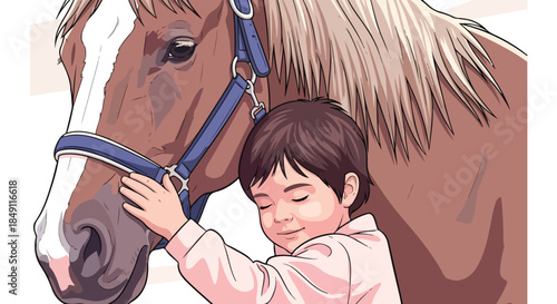 Illustration of a young child hugging and petting a brown horse with a blue halter against a clean white background with warm tones.