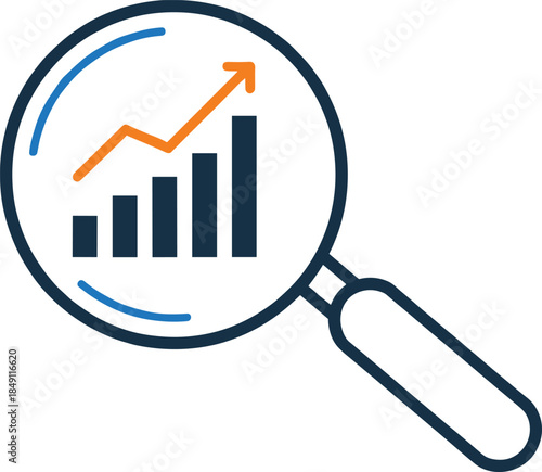 Business analytics growth icon vector illustration with magnifying glass and upward chart in flat style for data analysis finance and performance tracking designs