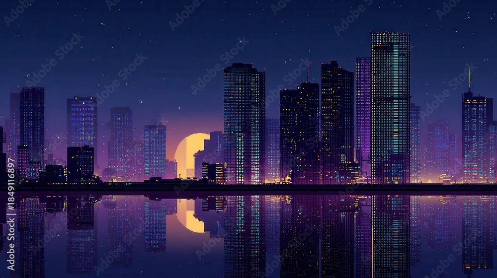 Fototapeta premium Neon cityscape at night with moon reflection