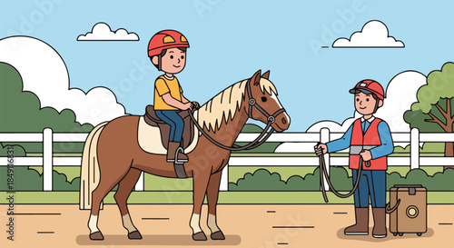 A young boy riding a brown horse with a blonde mane and tail while wearing a red helmet and yellow shirt stands next to an adult holding the reins in a fenced outdoor area with green trees
