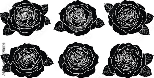 Set of six elegant black silhouette rose flower heads with white line art detailing and leaves isolated on white background vector