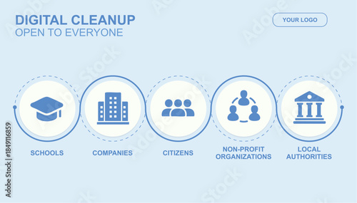 Digital cleanup open to everyone banner. Digital Cleanup for Everyone. Collective Digital Cleanup Initiative. Organizations and Individuals Cleaning Up Data. Vector illustration