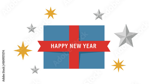 Happy New Year gift box with festive stars, celebrating the holiday season with joy and cheer.