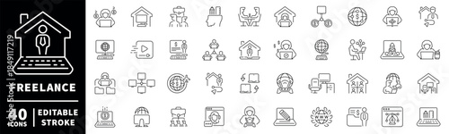 Freelance and remote work icons set. editable line, online, freelance styles