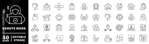 Remote work icons set. editable line icons, outline, telecommuting symbols