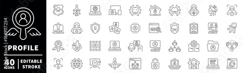 Profile and security icons set. editable line icons, outline, user, privacy, protection