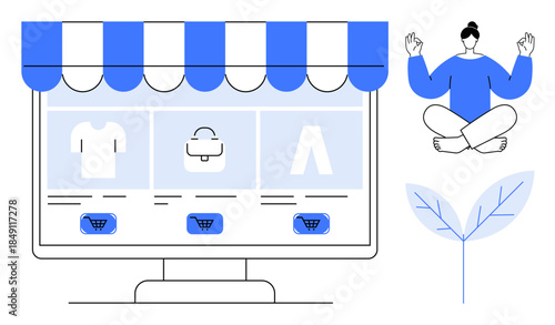 Online shopping, e-commerce business, wellness, mindfulness, balance, digital lifestyle. Computer displaying shopping items, meditation figure and a plant leaf. E-commerce and wellness lifestyle