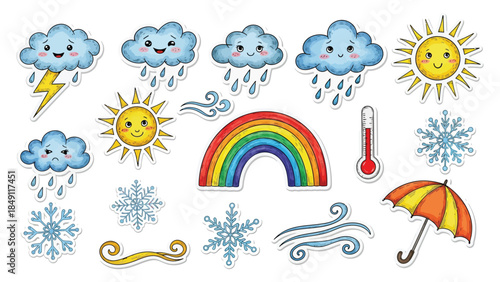 Set of cute cartoon vector illustrations featuring weather icons for different conditions including sun, rain clouds, rainbow, snowflakes, and an umbrella, on a white background, ideal for educational