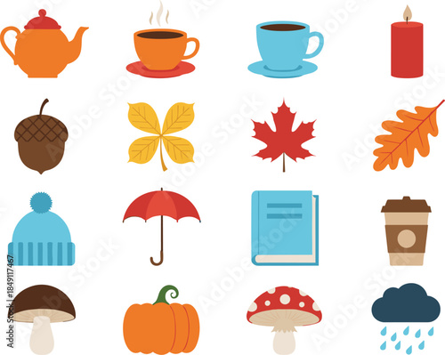 Autumn season icon set vector illustration with fall elements like leaves pumpkin tea umbrella and cozy weather symbols in flat style