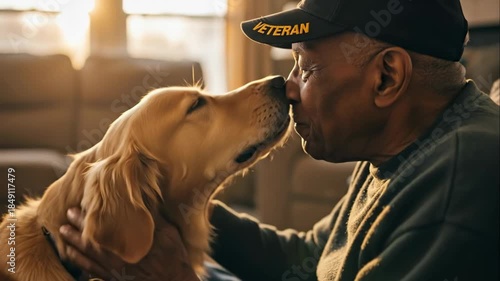 senior african american man in wheelchair petting golden retriever dog. elderly veteran with therapy animal at home. emotional support, companionship, loyalty.