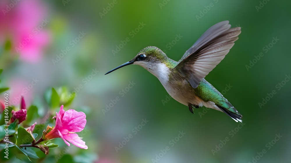 Obraz premium Ruby throated hummingbird feeding on pink azalea flower in garden.