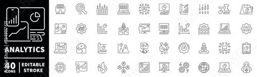 Analytics icons set - editable line icons, outline, statistic and data symbols