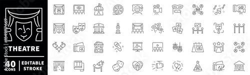 Theatre icons set: editable line icons in outline style, drama and performance symbols