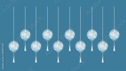 Christmas Winter Asian Lantern Decoration with Snowflakes Blue Background.Vector Illustration