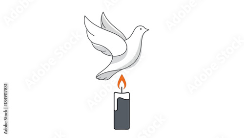 Illustration of a white dove flying above a lit candle, symbolizing peace, remembrance, and hope.
