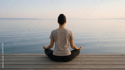 Seamless loop of woman meditating on dock. Gentle waves surrounding wooden pier at sunrise with reflective water.