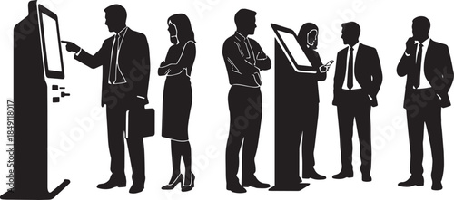 Black Solid Interactive Kiosk Use Silhouettes Set of Six on White Background