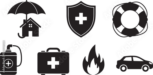Black Solid Insurance Protection Icon Silhouettes Set of Six on White Background