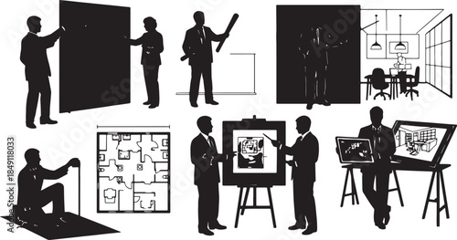 Black Solid Interior Designer Layout Silhouettes Set of Six on White Background