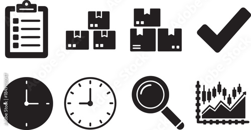 Black Solid Inventory and Stock Management Silhouettes Set of Six on White Background