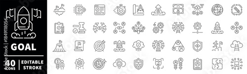 Simple goals icons set: editable line icons, outline, success and achievement symbols
