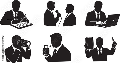 Black Solid Journalist Reporter Writer Silhouettes Set of Six on White Background