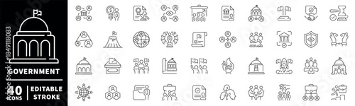 Government icons set. editable line icons with outline civic and agency symbols