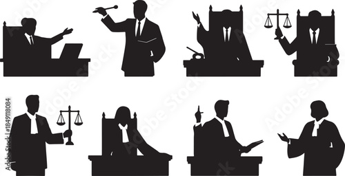 Black Solid Lawyer Legal Court Silhouettes Set of Six on White Background