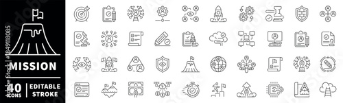 Mission line icons set. Thin line icons collection related to mission. Outline icons pack. Mission, Vision, Core Focus, Core Value, Research, Values, Excellence, Ideas, Goal illustration.