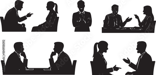 Black Solid Job Interview Silhouettes Set of Six on White Background