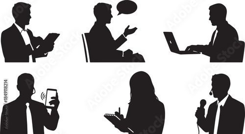 Black Solid Market Research Survey Silhouettes Set of Six on White Background