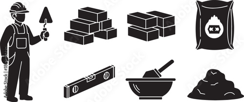 Black Solid Construction Masonry and Bricklaying Silhouettes Set of Six