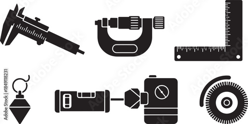 Black Solid Construction Measuring and Accuracy Tool Silhouettes Set of Six on White
