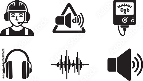 Black Solid Construction Noise Safety Hearing Protection Silhouettes Set of Six