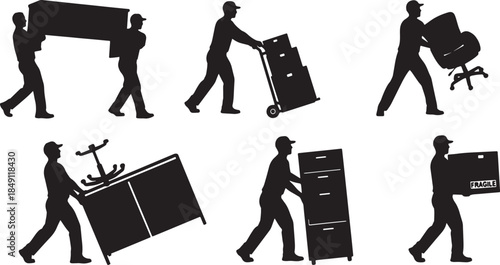 Black Solid Office Furniture Move Silhouettes Set of Six on White Background