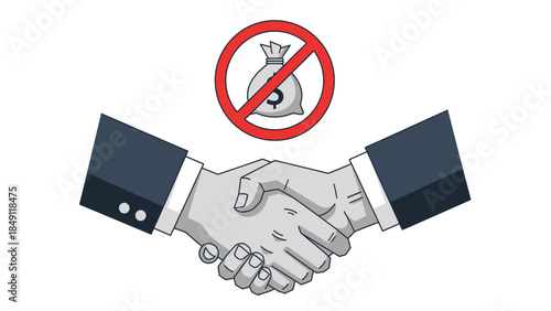 Business handshake with no money bag sign, symbolizing a deal without financial exchange or bribery.