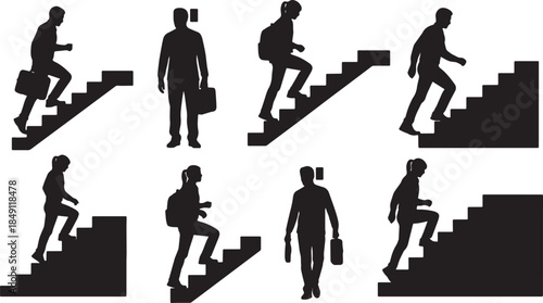 Black Solid Office Stairs Fitness Silhouettes Set of Six on White Background
