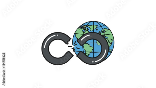 Carbon dioxide emissions symbol with broken infinity sign and earth globe, representing environmental pollution and climate change.