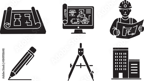Black Solid Construction Planning Design Blueprints Silhouettes Set of Six