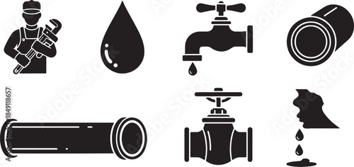 Black Solid Construction Plumbing and Pipe Work Silhouettes Set of Six on White