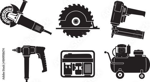 Black Solid Construction Power Tools and Machinery Silhouettes Set of Six