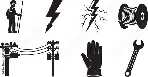 Black Solid Electrical Power Lines and Installation Silhouettes Set of Six