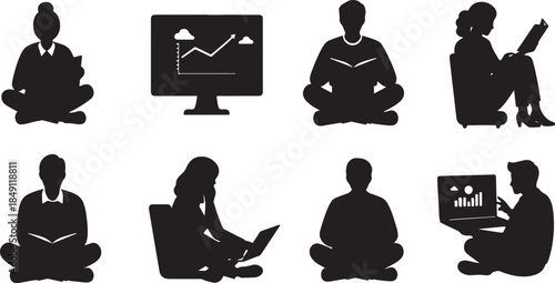 Black Solid Professional Development Webinar Silhouettes Set of Six on White Background