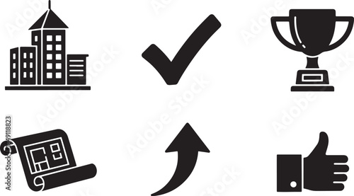 Black Solid Construction Project Completion Success Silhouettes Set of Six