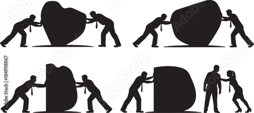 Black Solid Pushing Obstacle Effort Silhouettes Set of Six on White Background